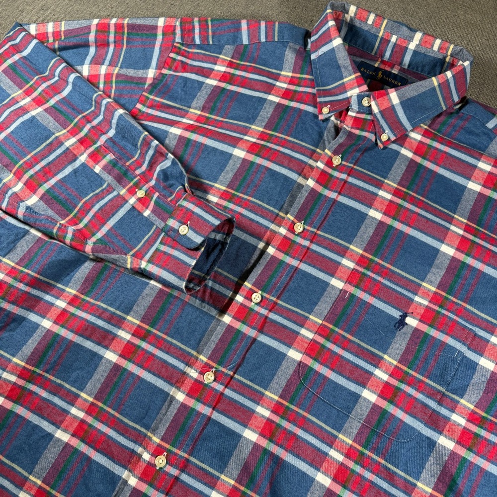 Ralph Lauren Button Down Shirt Mens 2XLT Blue Red Plaid Long Sleeve Pony Logo